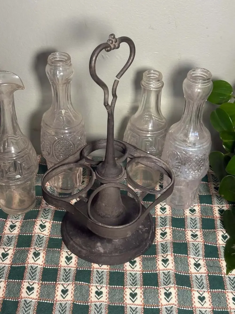 Vintage 4-Piece Glass Cruet Set with Metal Caddy Stand